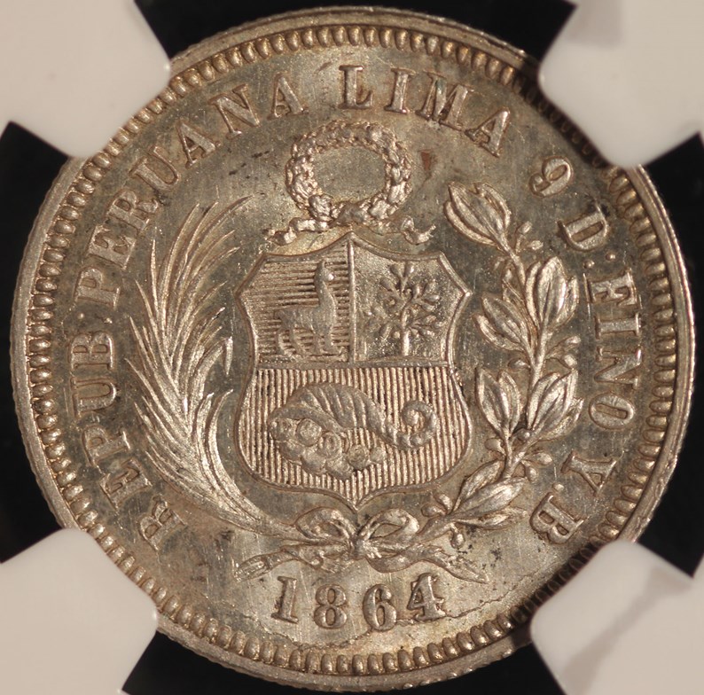 Peru-Silver-Sol-Of-The-Year-1864:-Scarce-&-Interesting-'Derteano'-Variety